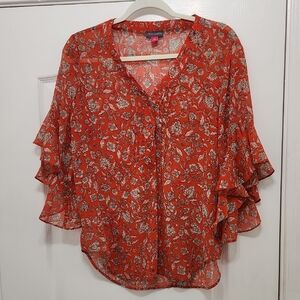 Vince Camuto Elegant Floral Sheer Chiffon Blouse - Red szS